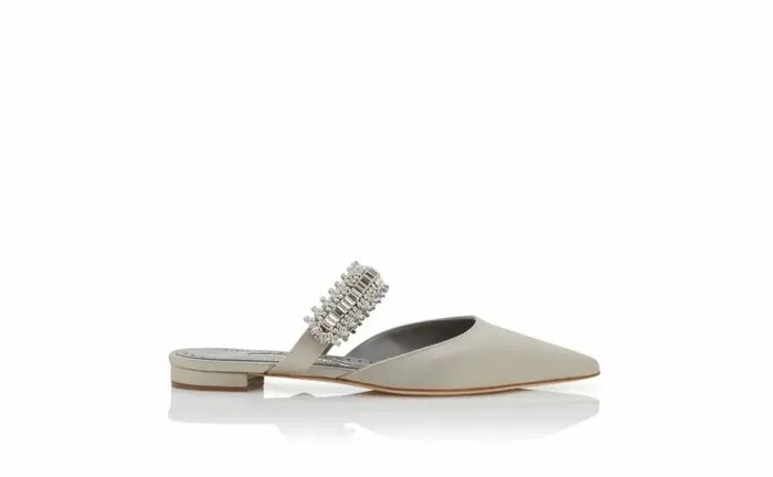Women Light Grey Satin Crystal Embellished Flat Mules Manolo Blahnik Flats