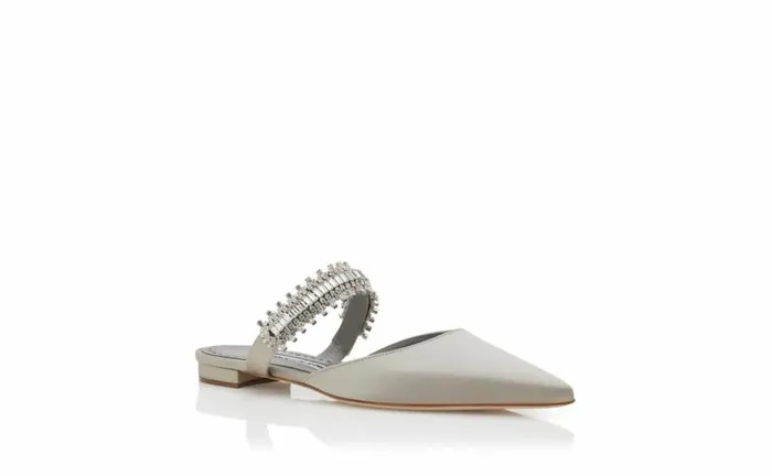 Women Light Grey Satin Crystal Embellished Flat Mules Manolo Blahnik Flats