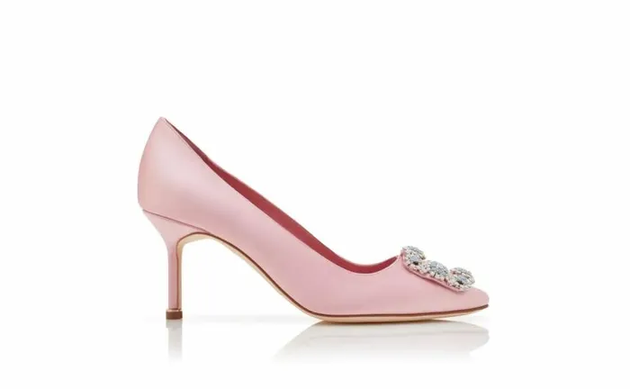 Women Light Pink Satin Jewel Buckle Pumps Manolo Blahnik Pumps