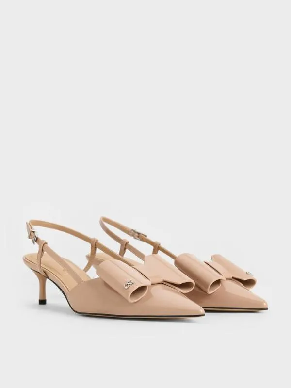 Women Lu Patent Leather Bow Slingback Pumps 8211 Nude CHARLES and KEITH Heels