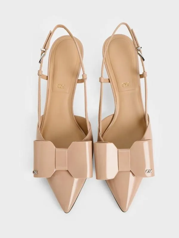 Women Lu Patent Leather Bow Slingback Pumps 8211 Nude CHARLES and KEITH Heels