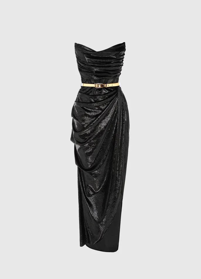 Women Madelyn Velvet Draped Split Dress 8211 Ebony Dresses and Jumpsuits LEO LIN