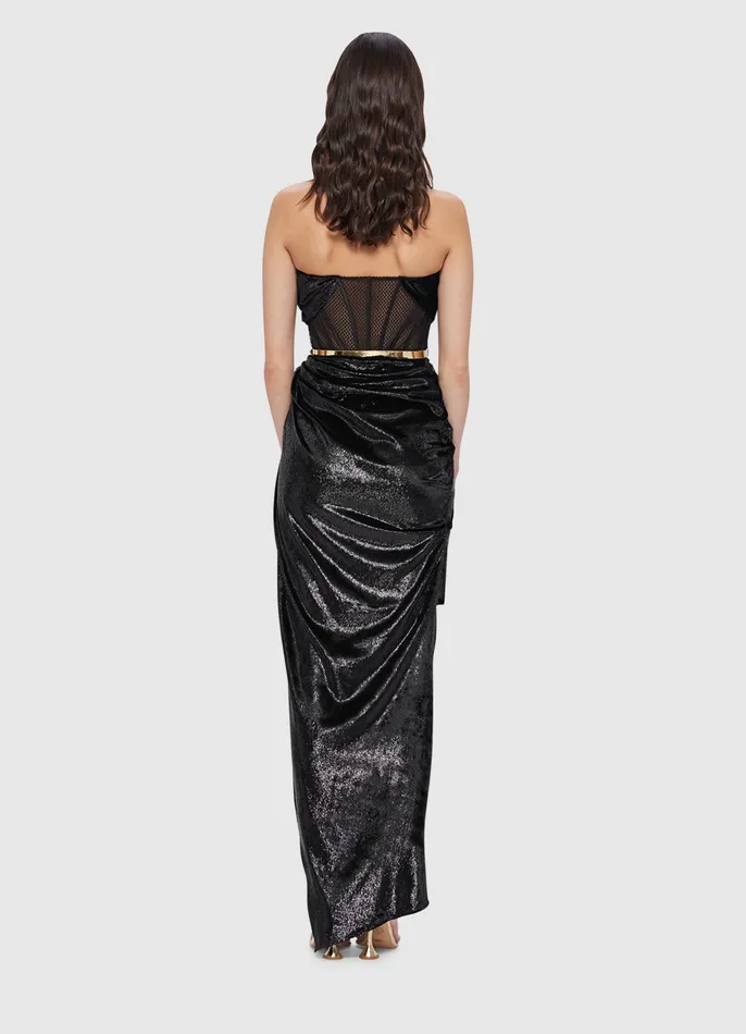 Women Madelyn Velvet Draped Split Dress 8211 Ebony Dresses and Jumpsuits LEO LIN