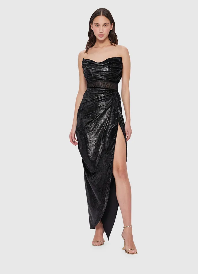 Women Madelyn Velvet Draped Split Dress 8211 Ebony Dresses and Jumpsuits LEO LIN