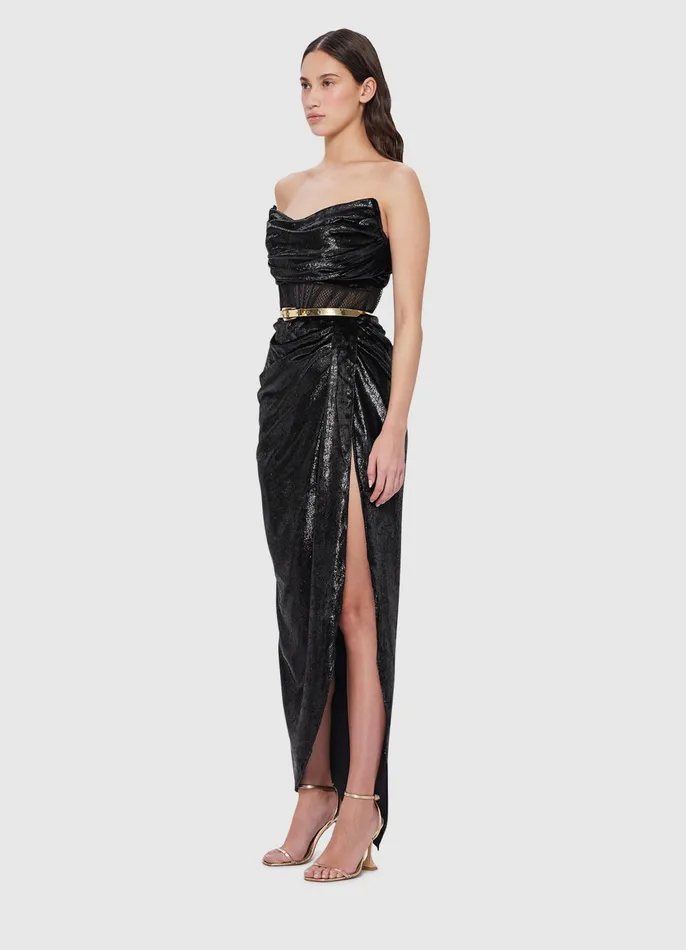 Women Madelyn Velvet Draped Split Dress 8211 Ebony Dresses and Jumpsuits LEO LIN