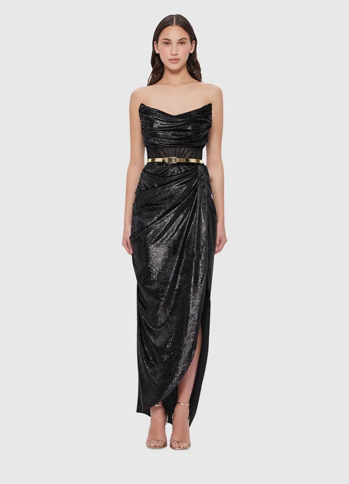 Women Madelyn Velvet Draped Split Dress 8211 Ebony Dresses and Jumpsuits LEO LIN