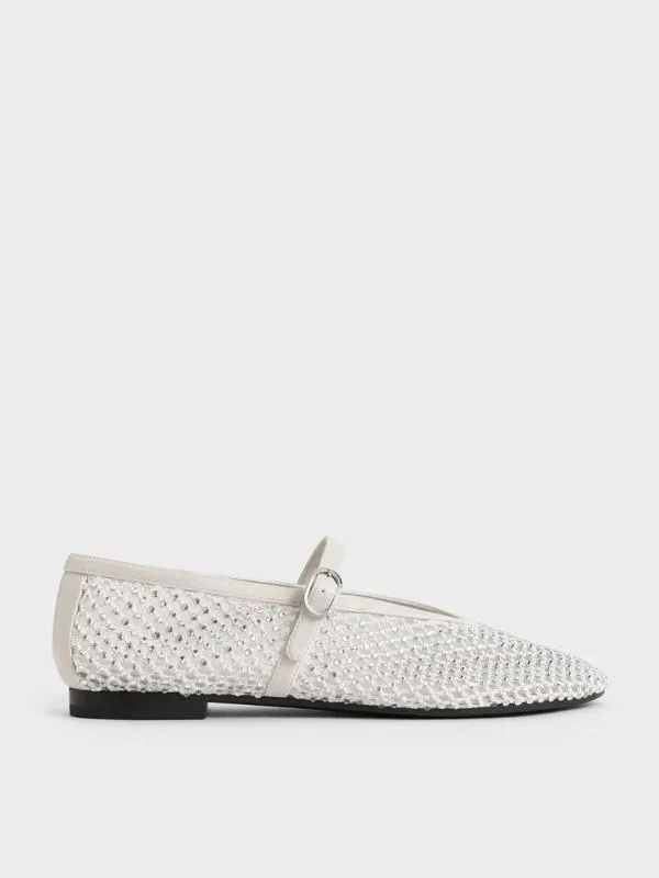 Women Maggie Mesh CrystalEmbellished Mary Janes 8211 White CHARLES and KEITH Ballet Flats
