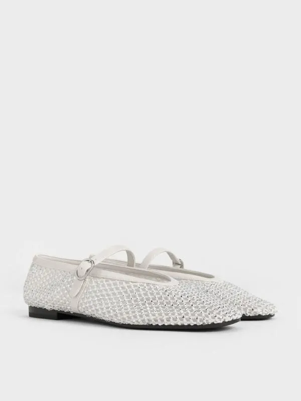 Women Maggie Mesh CrystalEmbellished Mary Janes 8211 White CHARLES and KEITH Ballet Flats