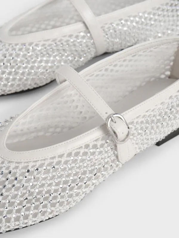 Women Maggie Mesh CrystalEmbellished Mary Janes 8211 White CHARLES and KEITH Ballet Flats