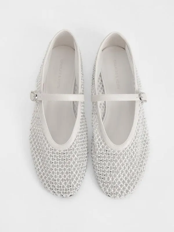 Women Maggie Mesh CrystalEmbellished Mary Janes 8211 White CHARLES and KEITH Ballet Flats