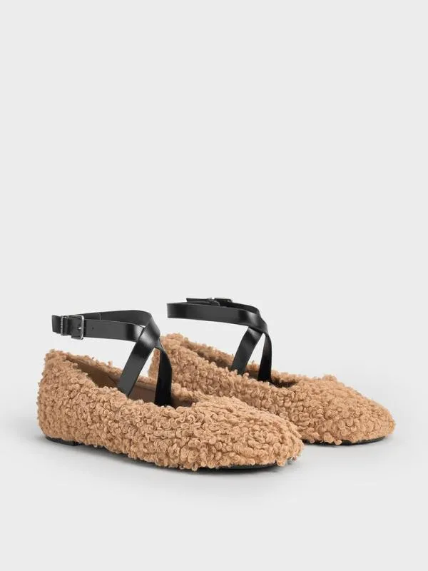 Women Margot Furry CrossoverStrap Ballet Flats 8211 Camel CHARLES and KEITH Flats