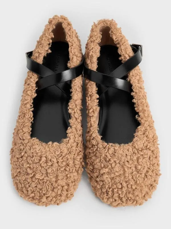 Women Margot Furry CrossoverStrap Ballet Flats 8211 Camel CHARLES and KEITH Flats
