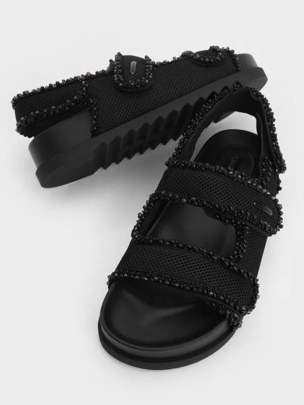 Women Mesh PearlEmbellished Flatform Sandals 8211 Black Textured CHARLES and KEITH Sandals Women Mesh PearlEmbellished Flatform Sandals 8211 Black Textured CHARLES and KEITH Sandals