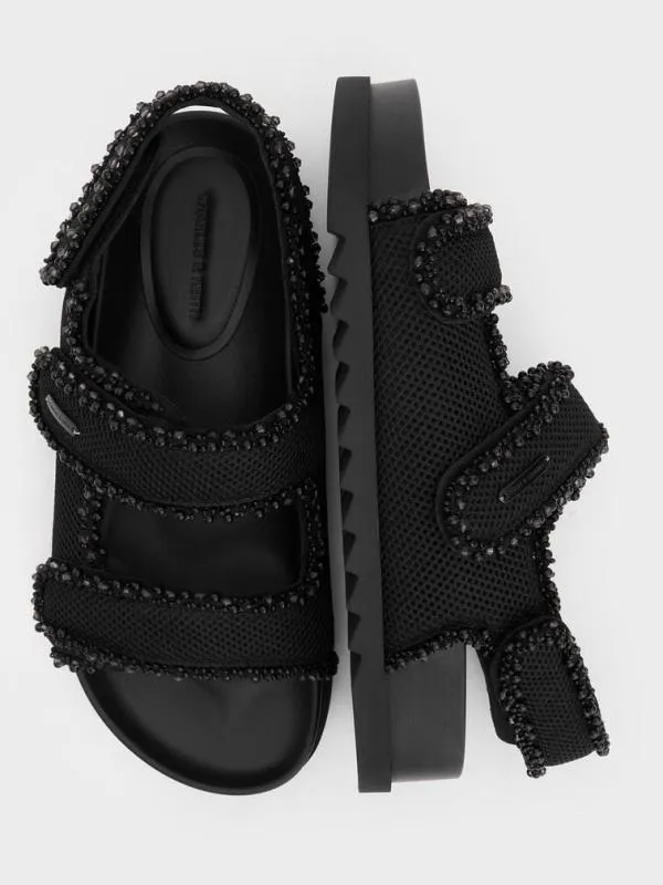 Women Mesh PearlEmbellished Flatform Sandals 8211 Black Textured CHARLES and KEITH Sandals Women Mesh PearlEmbellished Flatform Sandals 8211 Black Textured CHARLES and KEITH Sandals