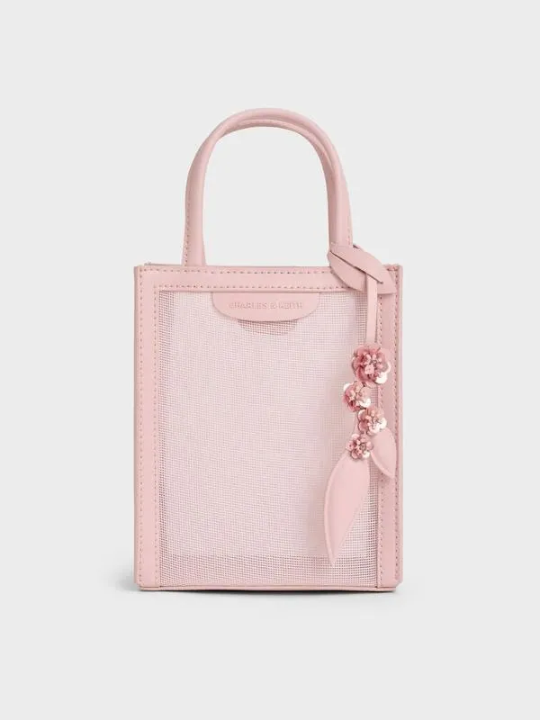 Women Mesh SequinFlower Elongated Tote Bag 8211 Blossom Pink CHARLES and KEITH Tote Bags