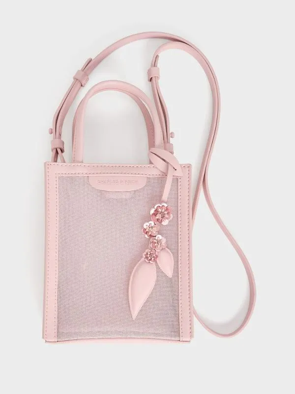 Women Mesh SequinFlower Elongated Tote Bag 8211 Blossom Pink CHARLES and KEITH Tote Bags