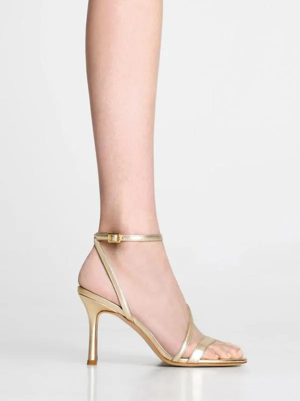 Women Metallic Asymmetric Strappy Heeled Sandals 8211 Gold CHARLES and KEITH Heels