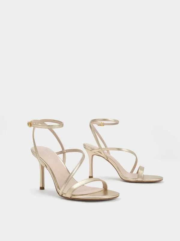 Women Metallic Asymmetric Strappy Heeled Sandals 8211 Gold CHARLES and KEITH Heels