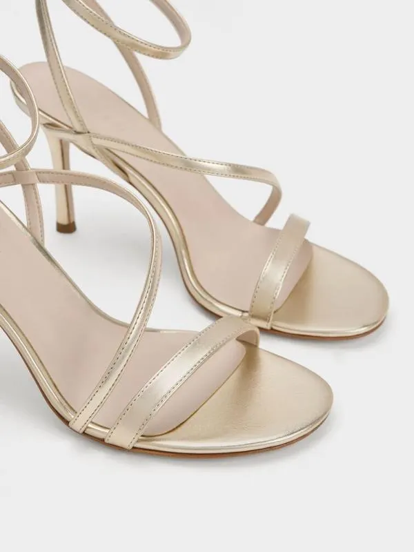Women Metallic Asymmetric Strappy Heeled Sandals 8211 Gold CHARLES and KEITH Heels