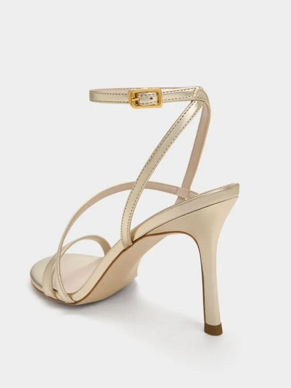 Women Metallic Asymmetric Strappy Heeled Sandals 8211 Gold CHARLES and KEITH Heels