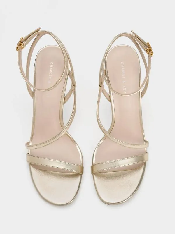 Women Metallic Asymmetric Strappy Heeled Sandals 8211 Gold CHARLES and KEITH Heels