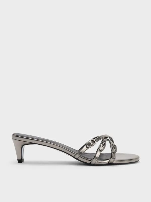 Women Metallic Buckled Strappy KittenHeel Mules 8211 Pewter CHARLES and KEITH Heels Women Metallic Buckled Strappy KittenHeel Mules 8211 Pewter CHARLES and KEITH Heels