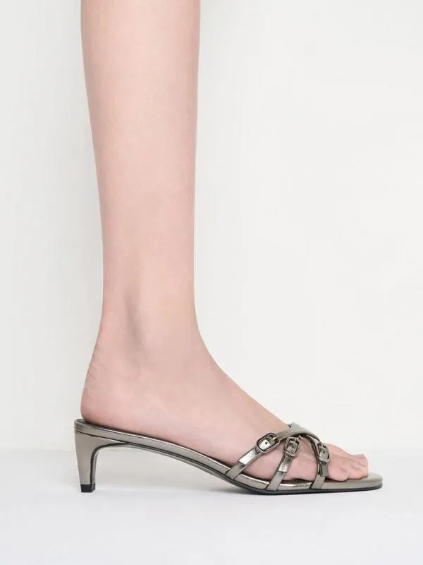 Women Metallic Buckled Strappy KittenHeel Mules 8211 Pewter CHARLES and KEITH Heels