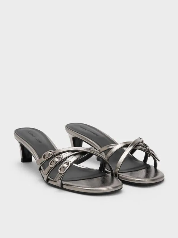 Women Metallic Buckled Strappy KittenHeel Mules 8211 Pewter CHARLES and KEITH Heels