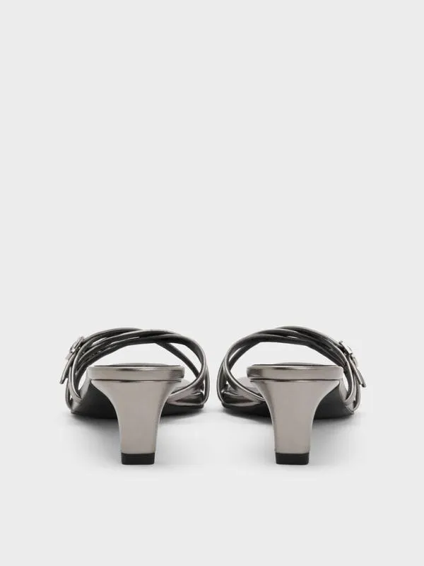 Women Metallic Buckled Strappy KittenHeel Mules 8211 Pewter CHARLES and KEITH Heels