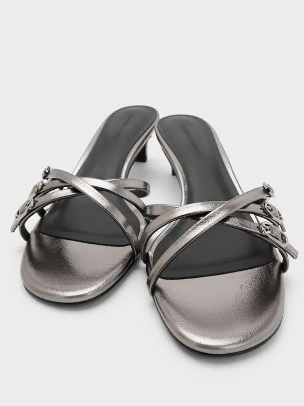 Women Metallic Buckled Strappy KittenHeel Mules 8211 Pewter CHARLES and KEITH Heels