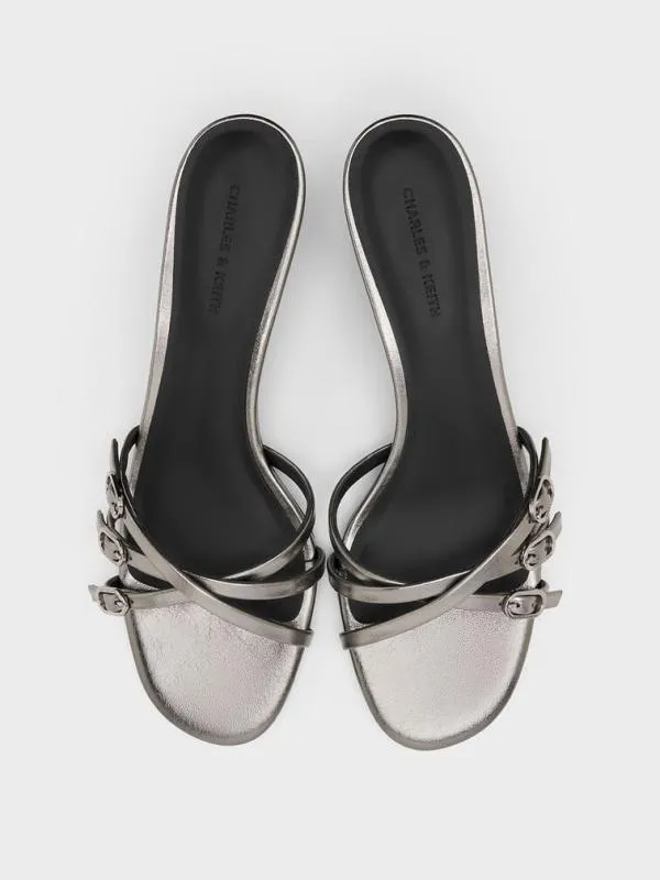 Women Metallic Buckled Strappy KittenHeel Mules 8211 Pewter CHARLES and KEITH Heels