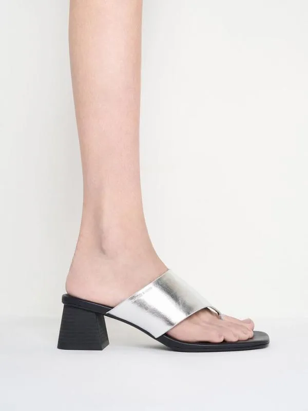 Women Metallic SquareToe Heeled Thong Sandals 8211 Silver CHARLES and KEITH Heels