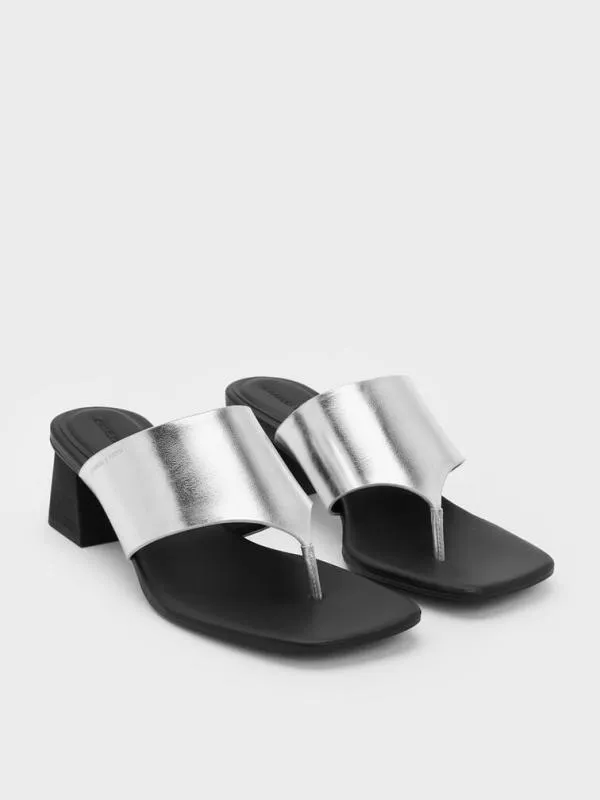 Women Metallic SquareToe Heeled Thong Sandals 8211 Silver CHARLES and KEITH Heels