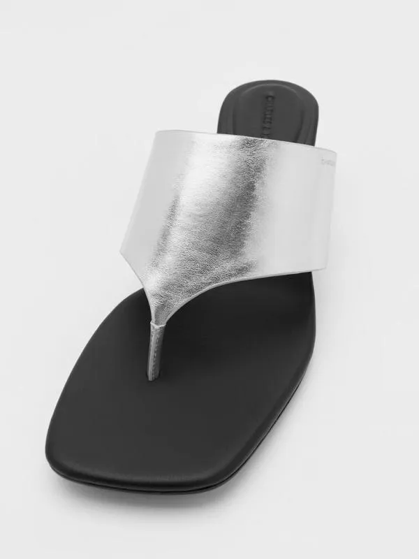 Women Metallic SquareToe Heeled Thong Sandals 8211 Silver CHARLES and KEITH Heels
