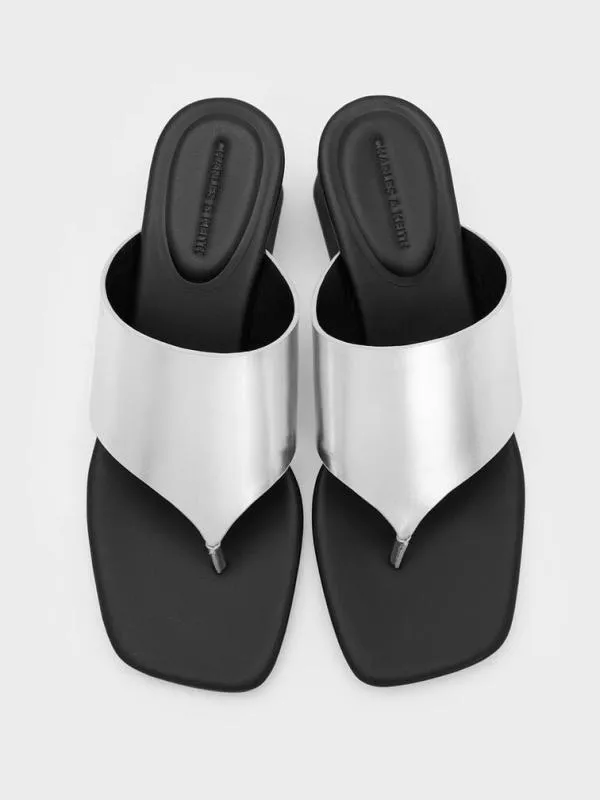 Women Metallic SquareToe Heeled Thong Sandals 8211 Silver CHARLES and KEITH Heels