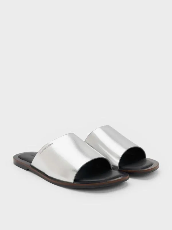 Women Metallic WideStrap Slide Sandals 8211 Silver CHARLES and KEITH Sandals