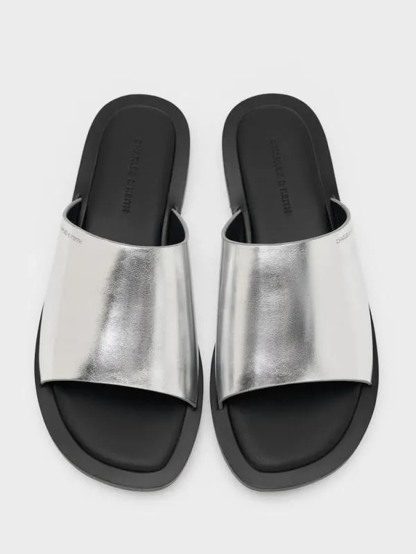 Women Metallic WideStrap Slide Sandals 8211 Silver CHARLES and KEITH Sandals