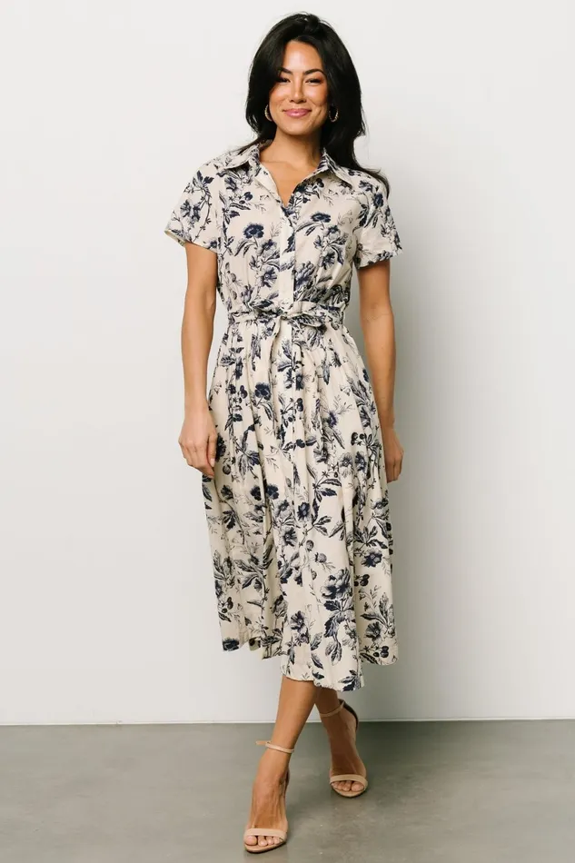 Women Midi Dresses Baltic Born Lorna Midi Dress Beige Navy Print