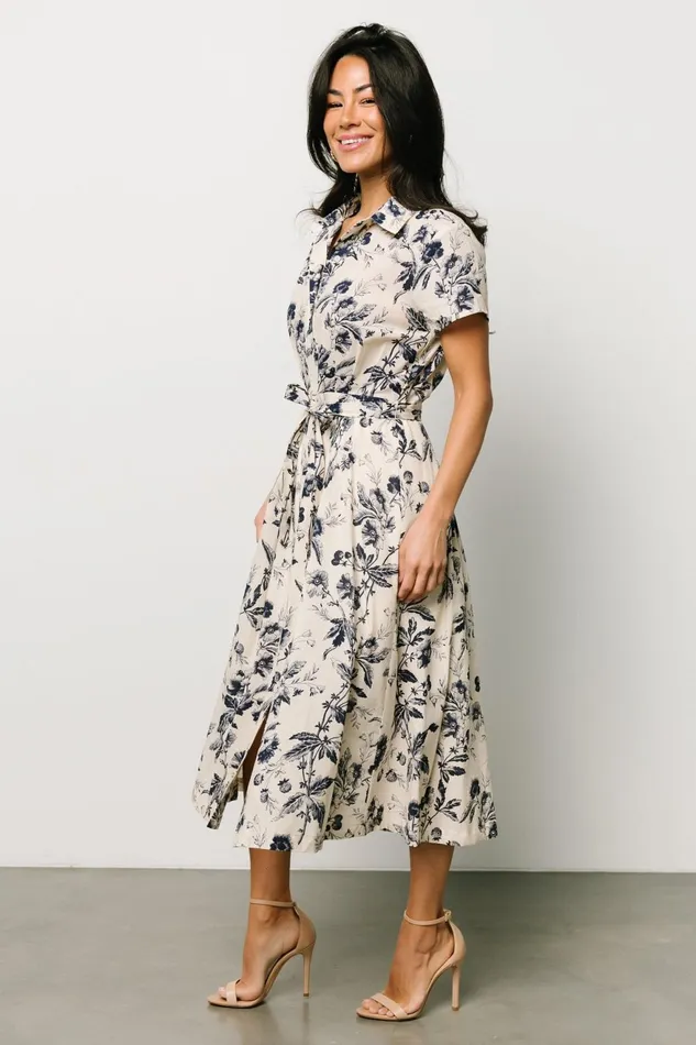 Women Midi Dresses Baltic Born Lorna Midi Dress Beige Navy Print Women Midi Dresses Baltic Born Lorna Midi Dress Beige Navy Print