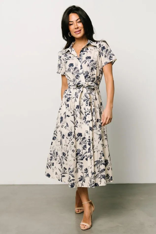 Women Midi Dresses Baltic Born Lorna Midi Dress Beige Navy Print Women Midi Dresses Baltic Born Lorna Midi Dress Beige Navy Print