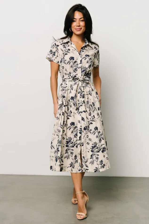 Women Midi Dresses Baltic Born Lorna Midi Dress Beige Navy Print Women Midi Dresses Baltic Born Lorna Midi Dress Beige Navy Print