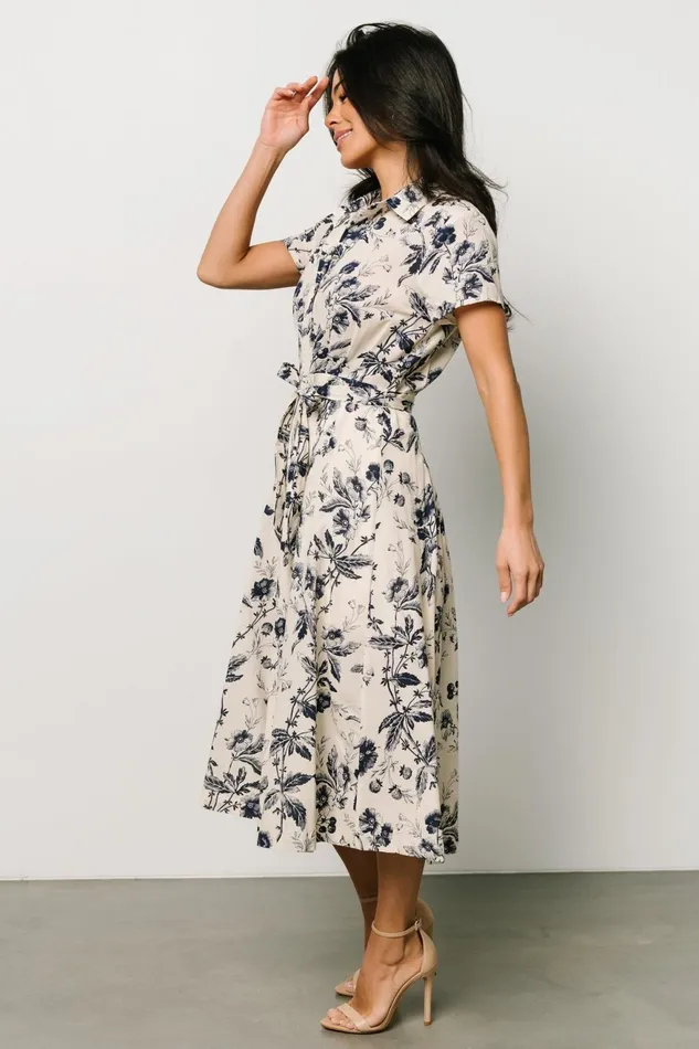 Women Midi Dresses Baltic Born Lorna Midi Dress Beige Navy Print Women Midi Dresses Baltic Born Lorna Midi Dress Beige Navy Print