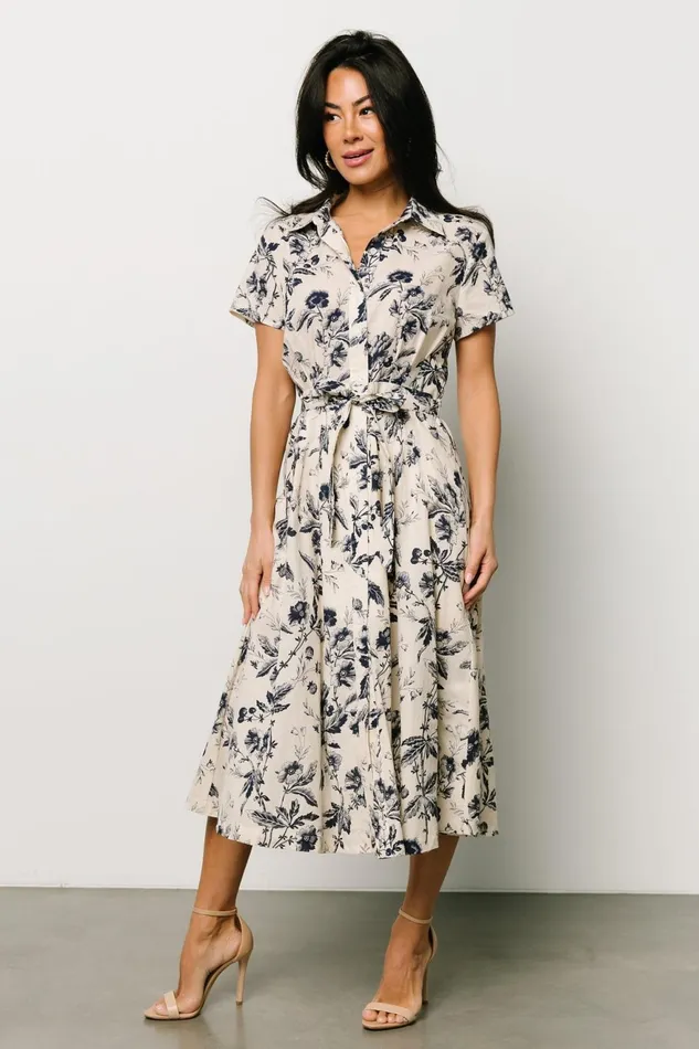 Women Midi Dresses Baltic Born Lorna Midi Dress Beige Navy Print Women Midi Dresses Baltic Born Lorna Midi Dress Beige Navy Print
