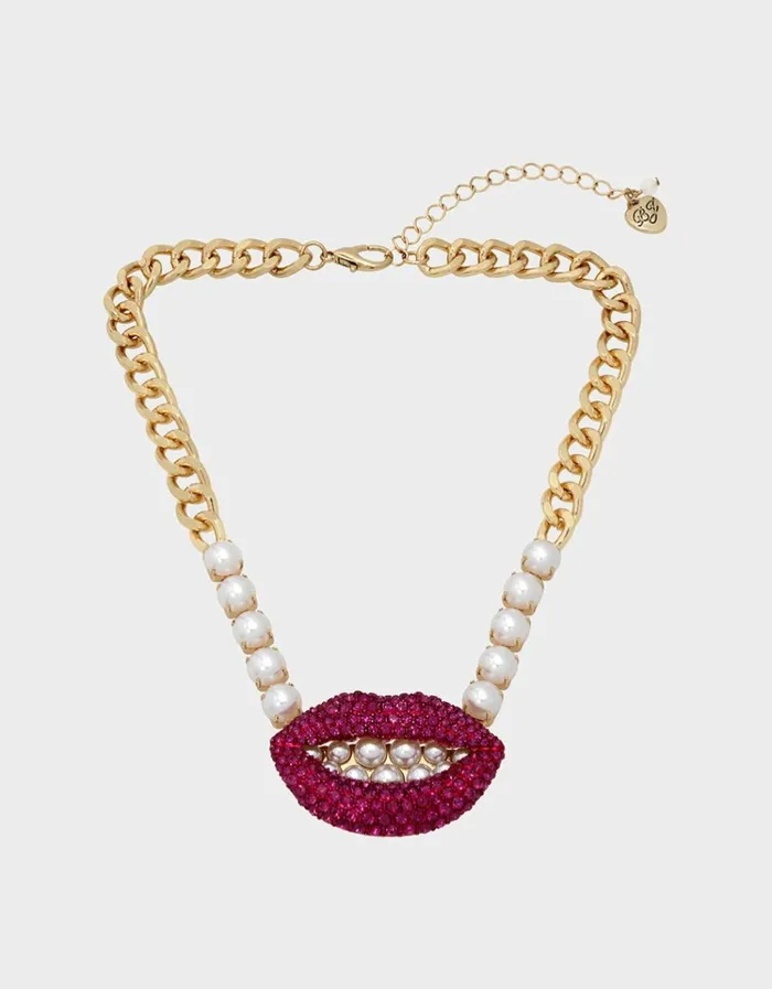 Women MIDNIGHT GARDEN SHORT LIP NECKLACE PINK Betsey Johnson