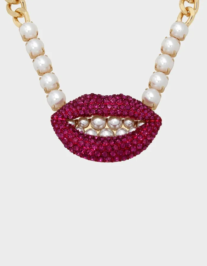 Women MIDNIGHT GARDEN SHORT LIP NECKLACE PINK Betsey Johnson