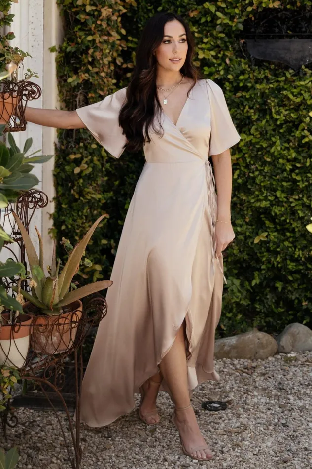 Women Mother Of The Bride Baltic Born Vara Satin Maxi Wrap Dress Champagne