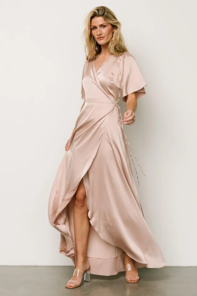 Women Mother Of The Bride Baltic Born Vara Satin Maxi Wrap Dress Champagne
