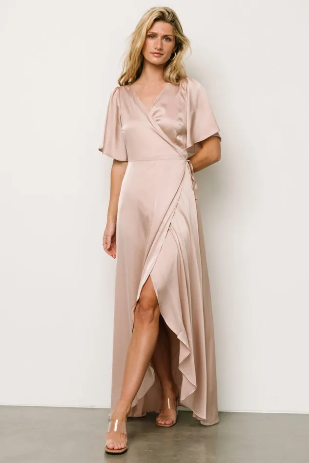 Women Mother Of The Bride Baltic Born Vara Satin Maxi Wrap Dress Champagne