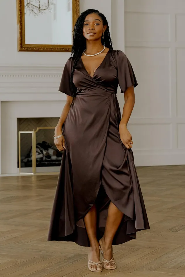 Women Mother Of The Bride Baltic Born Vara Satin Maxi Wrap Dress Espresso