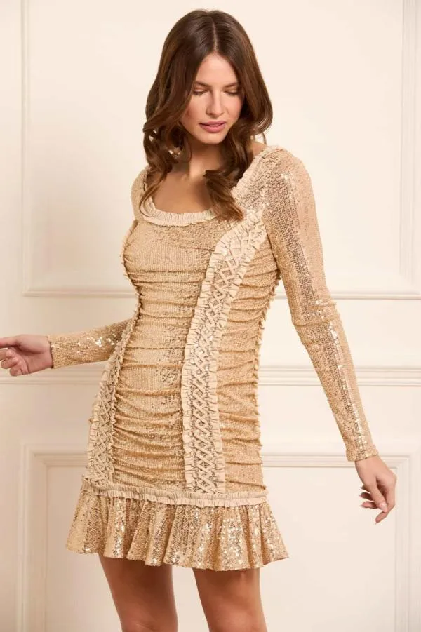 Women Needle and Thread Arabella Long Sleeve Micro Mini Dress Beige